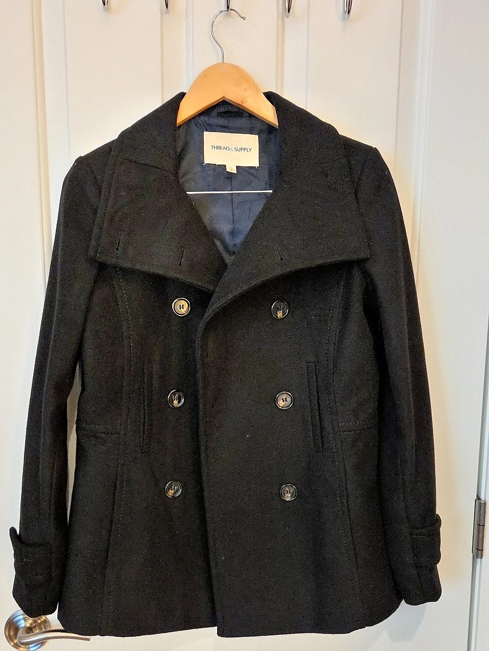 Thread & Supply Double Breasted Peacoat Black Pea Coat Size Large Like New